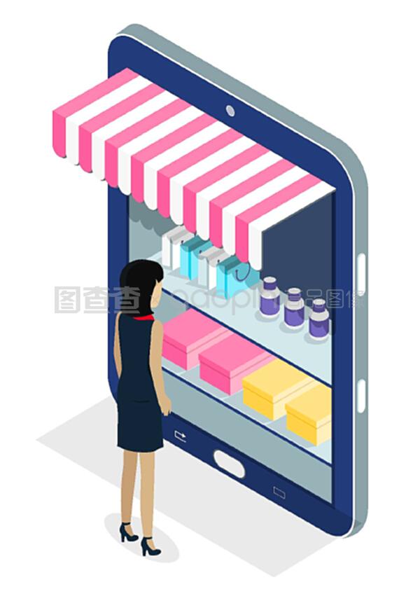 网上购物概念。网上商店应用程序。购物妇女在智能手机屏幕上的商店窗口上选择产品。电话作为一个有条纹遮阳板的小亭,货架上的盒子和瓶子中的商品。网上购物概念。网上商店应用程序。购物妇女在商店窗口选择产品